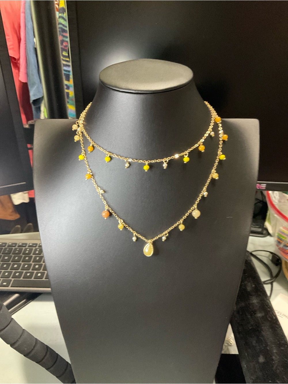 Gold Layered Necklace with Yellow and Amber Beads - Picture 1 of 3